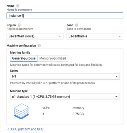 Google Cloud create VM instance form
