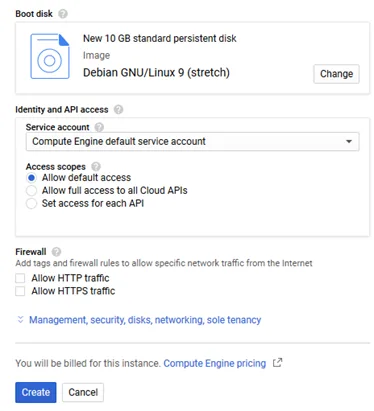 Google Cloud boot disk and firewall options when creating an instance