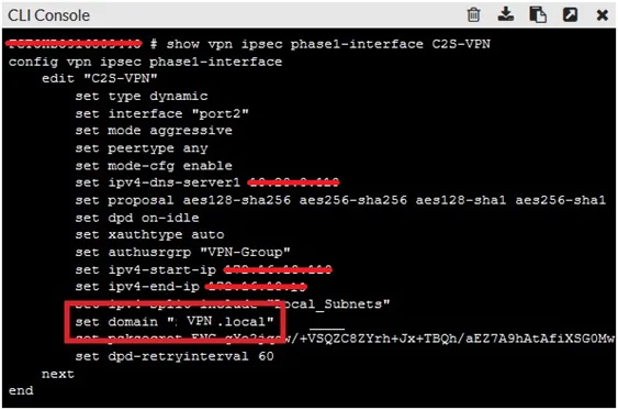 CLI console showing VPN phase 1 settings with the domain highlighted