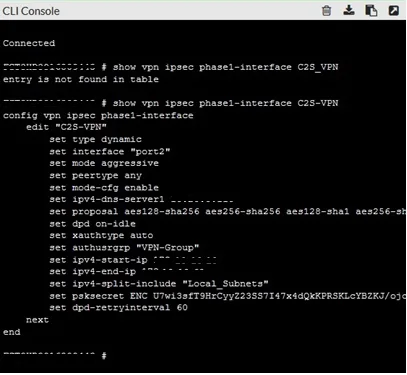 CLI console showing IPsec phase 1 interface configuration