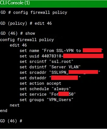 FortiGate CLI editing a firewall policy