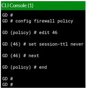 FortiGate CLI setting session TTL on a firewall policy
