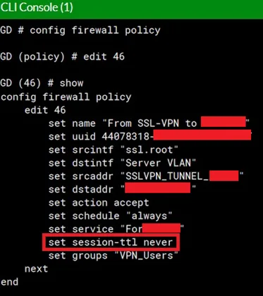 FortiGate CLI firewall policy with the session TTL setting highlighted