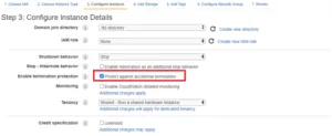 AWS EC2 Configure Instance Details step with termination protection