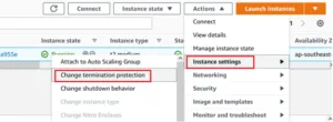 AWS EC2 Actions menu showing Change termination protection