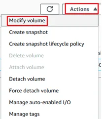 AWS EC2 Actions menu with Modify volume selected