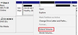 Windows Disk Management showing the Extend Volume option