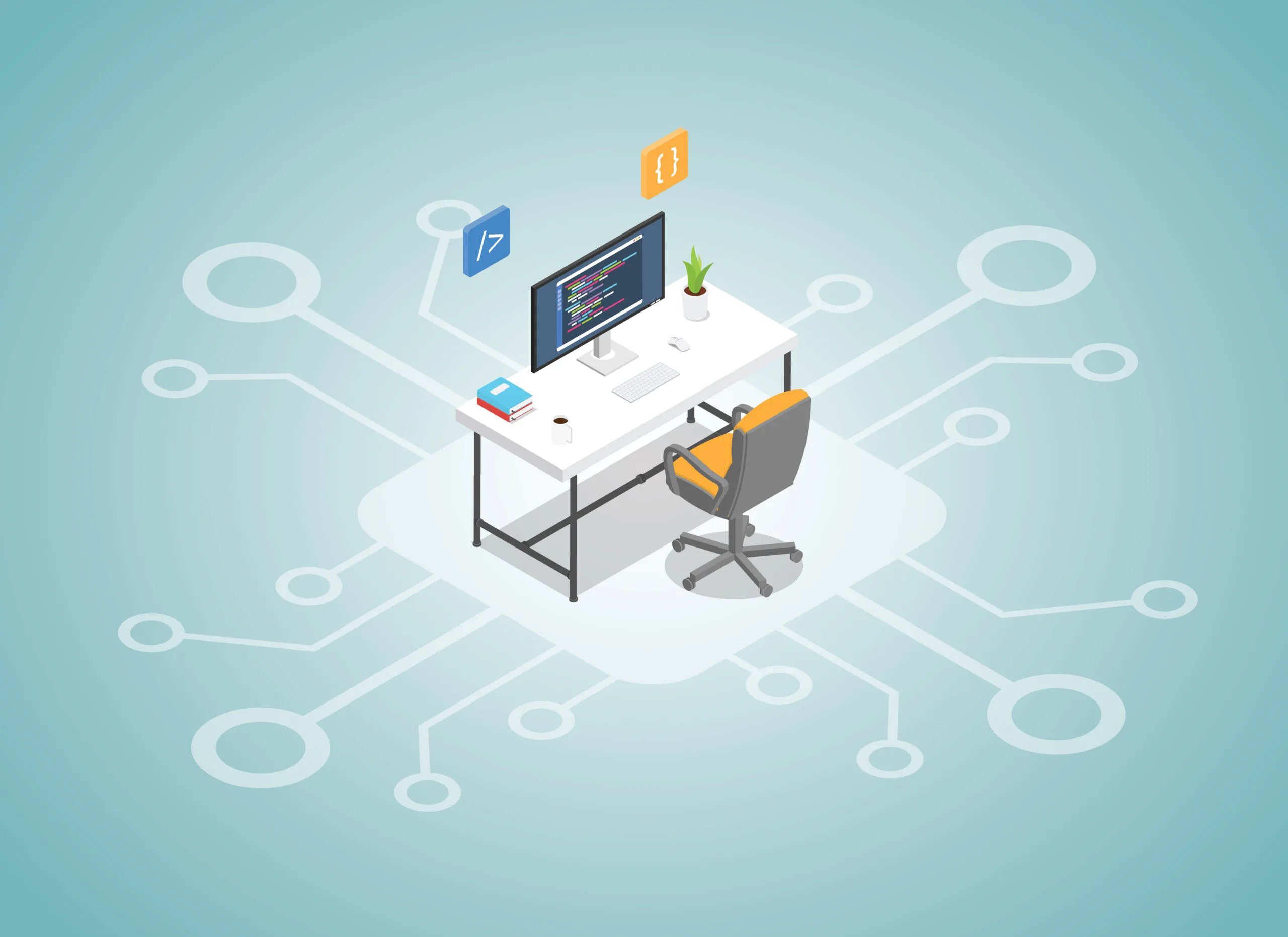 Isometric illustration of a programmer at a connected workstation