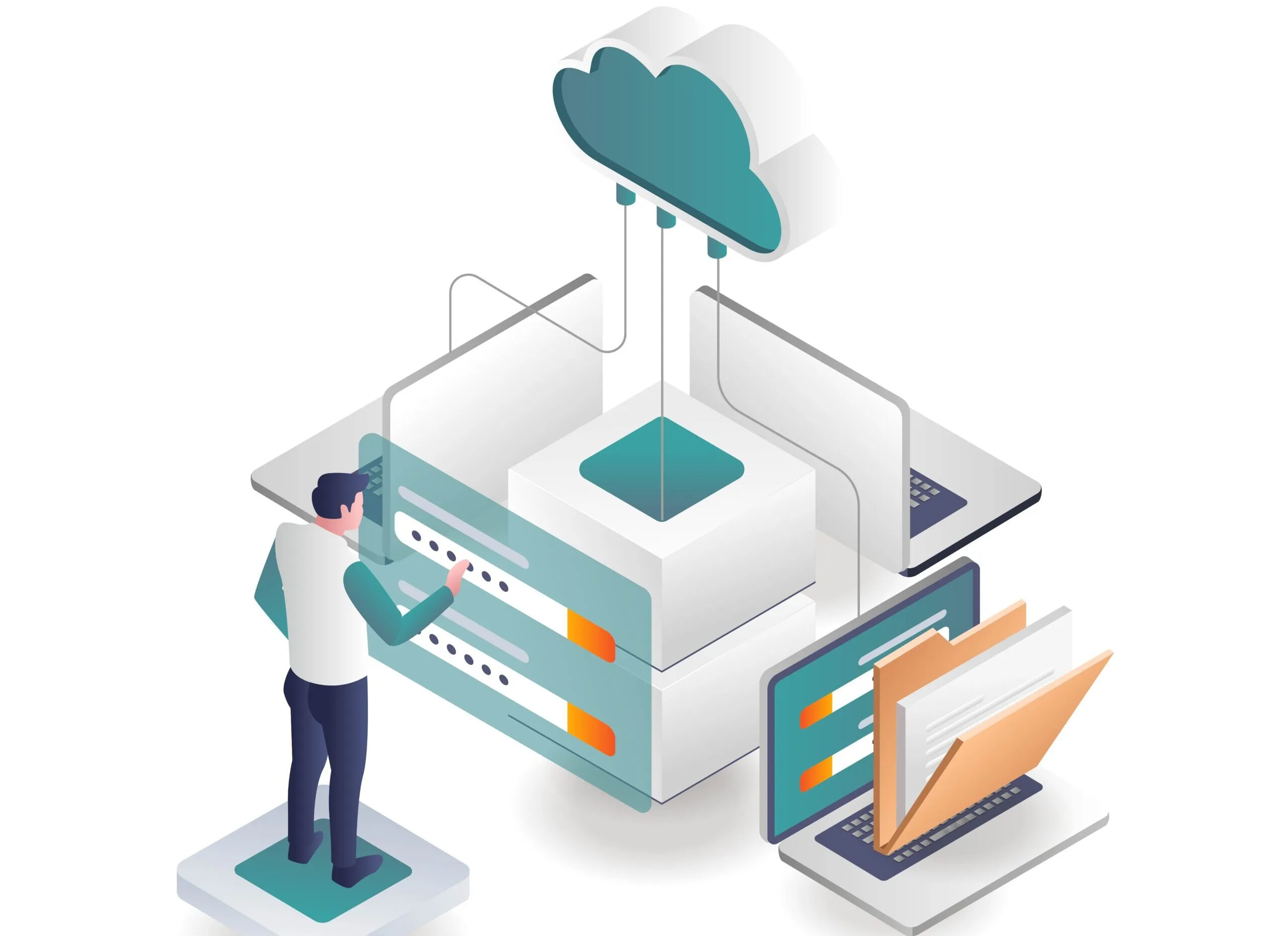 Isometric illustration of data backing up to servers