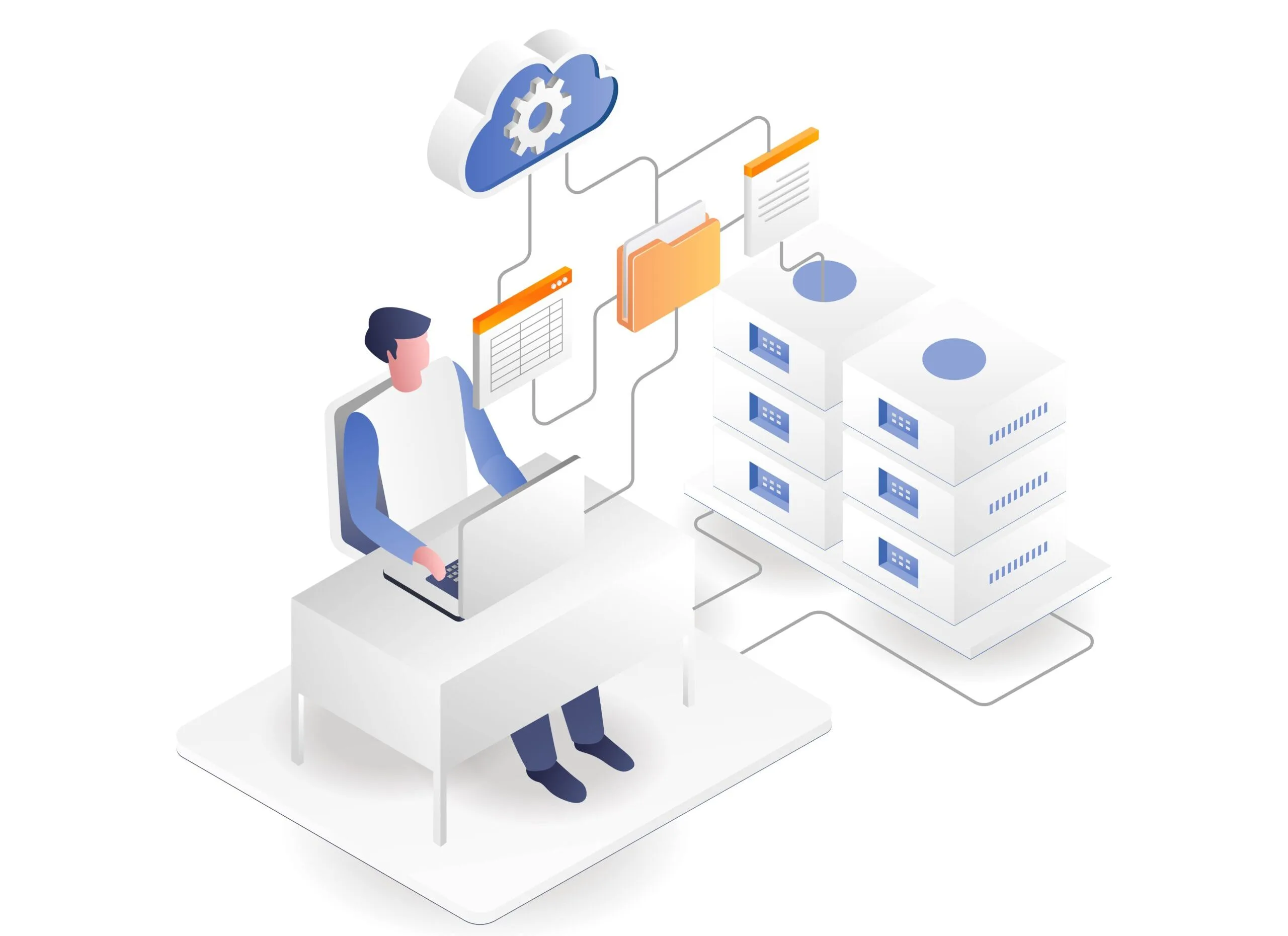 Isometric illustration of a person working with cloud servers