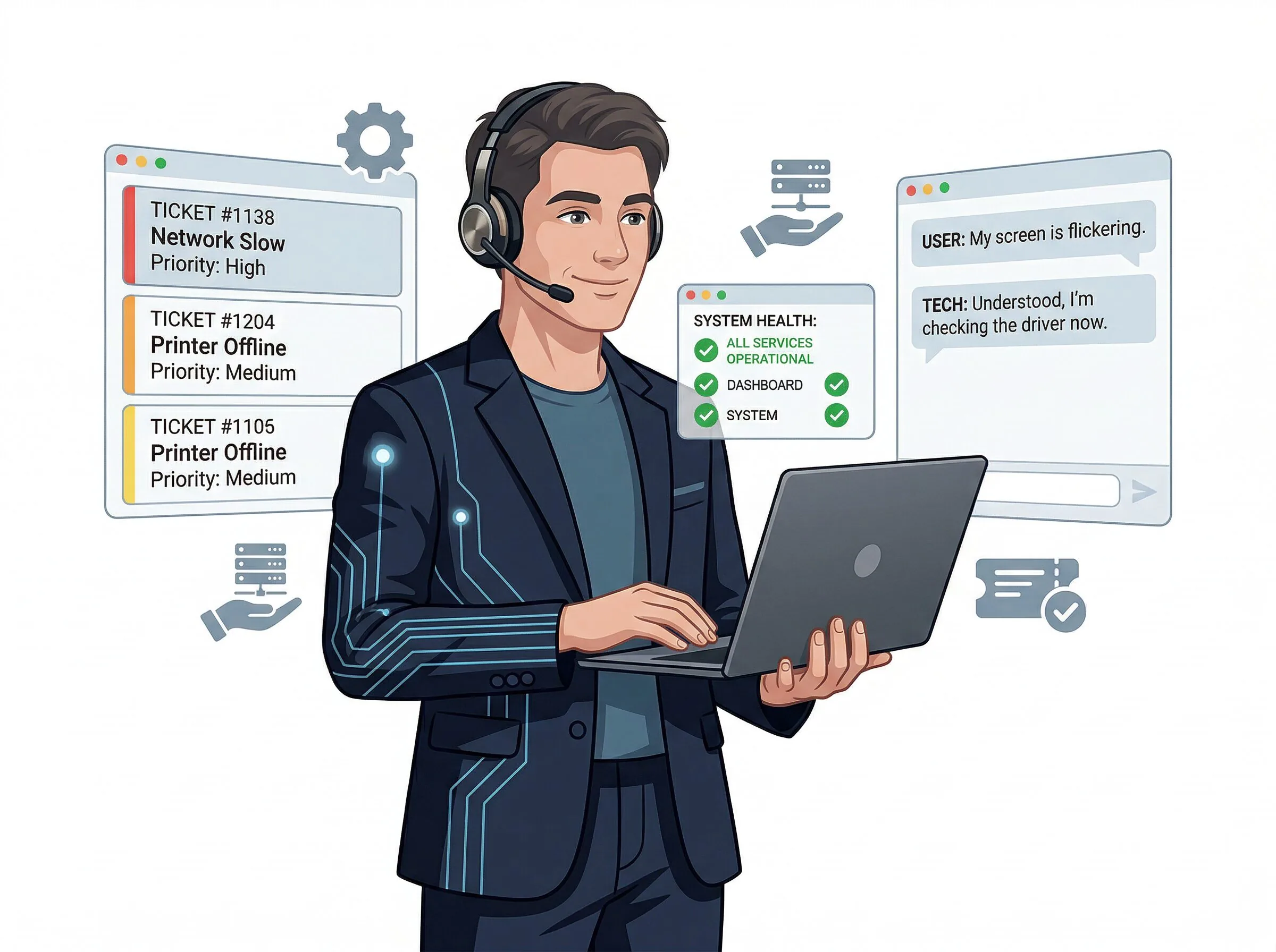 Illustration of a helpdesk agent handling support tickets