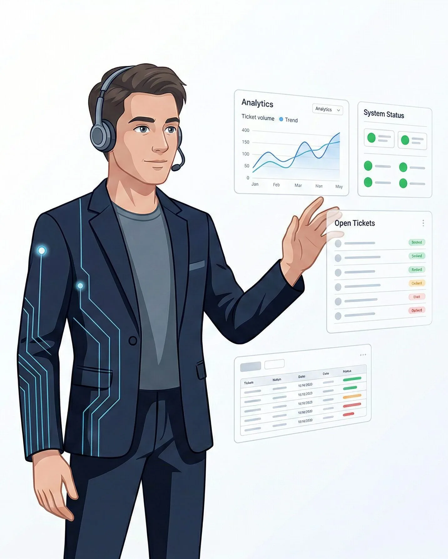 Illustration of a person presenting an analytics and ticket dashboard