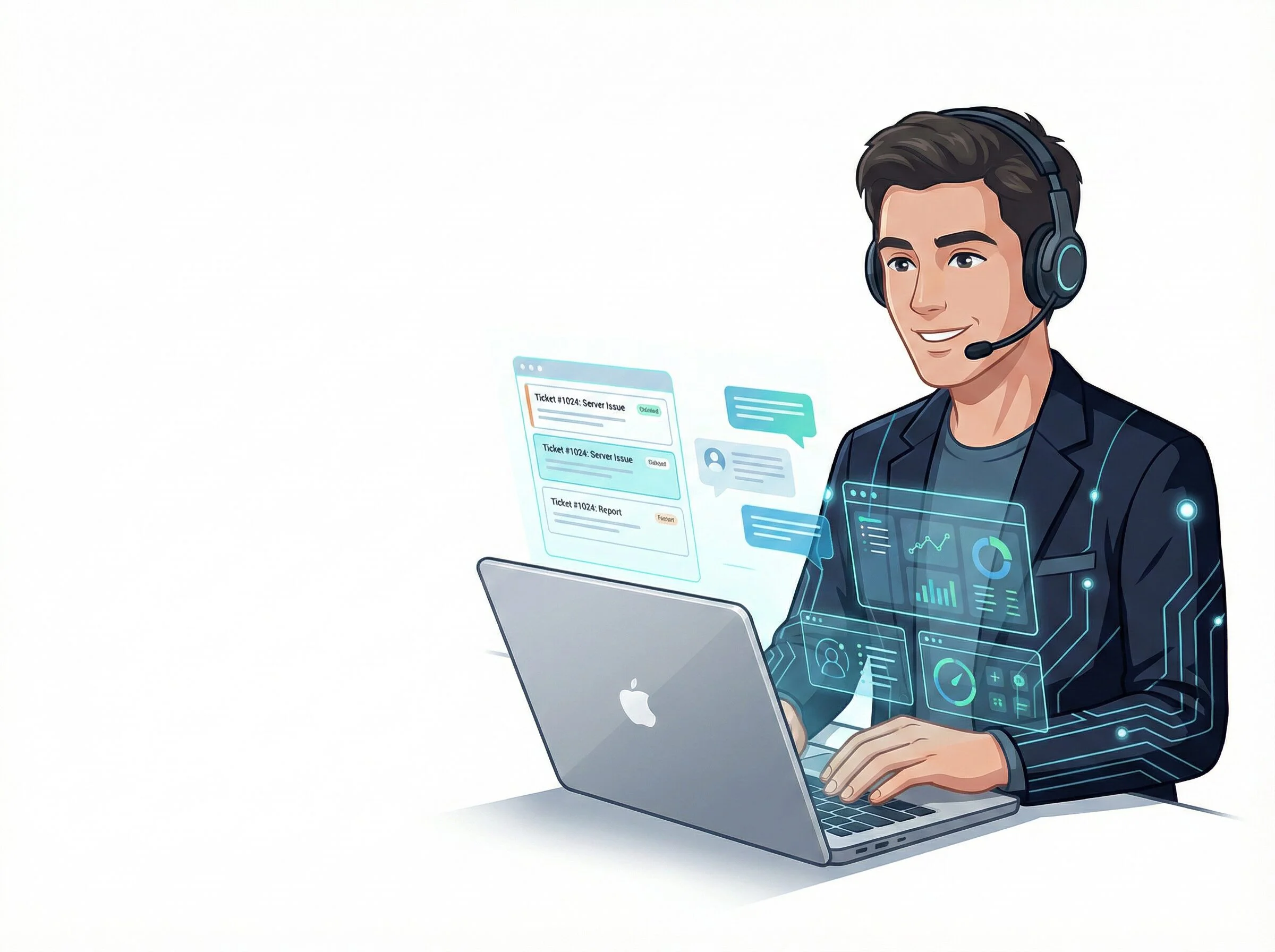 Illustration of a support agent working at a laptop