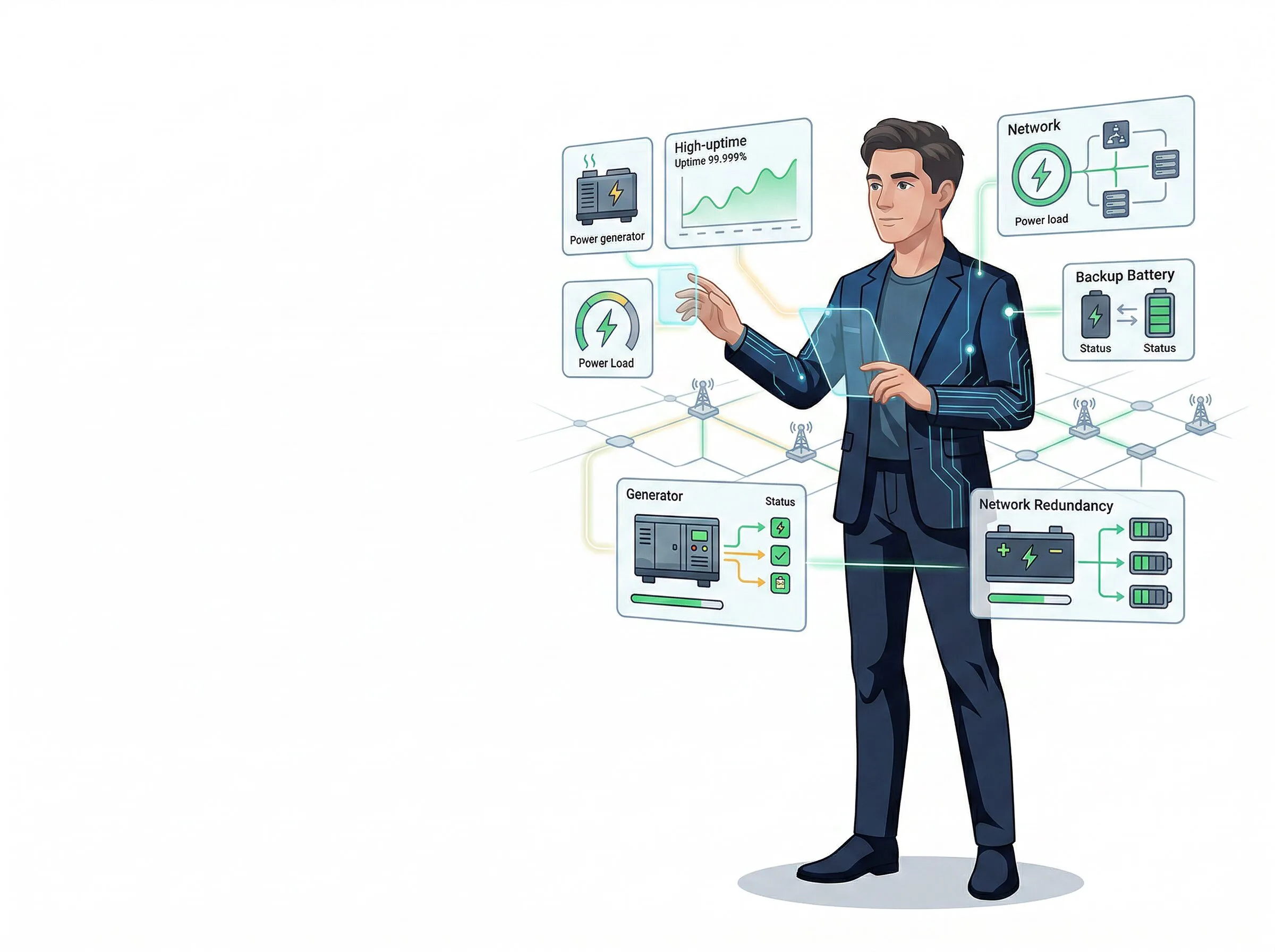 Illustration of an engineer presenting monitoring dashboards