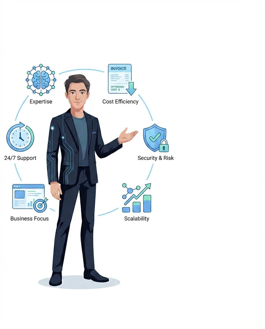 Illustration of managed IT benefits including cost efficiency and scalability