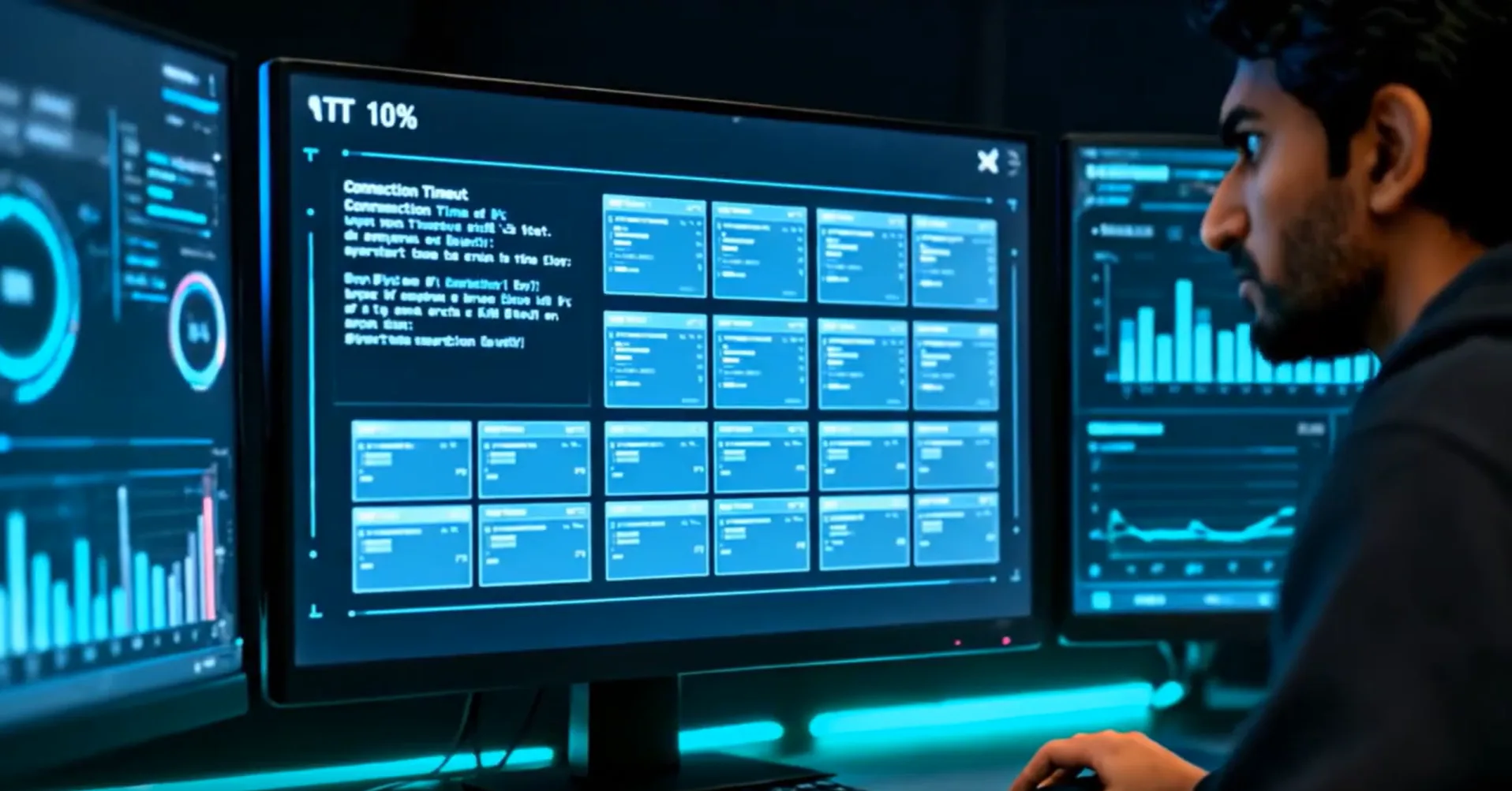 NOC engineer reviewing network alerts across multiple monitoring dashboards