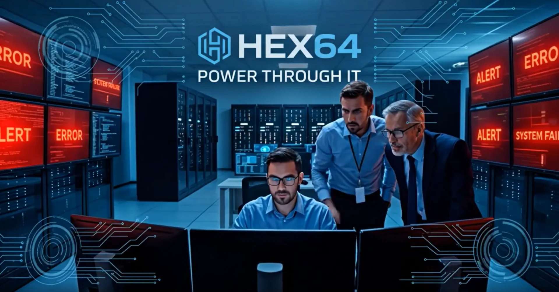 HEX64 banner showing engineers at a monitoring wall