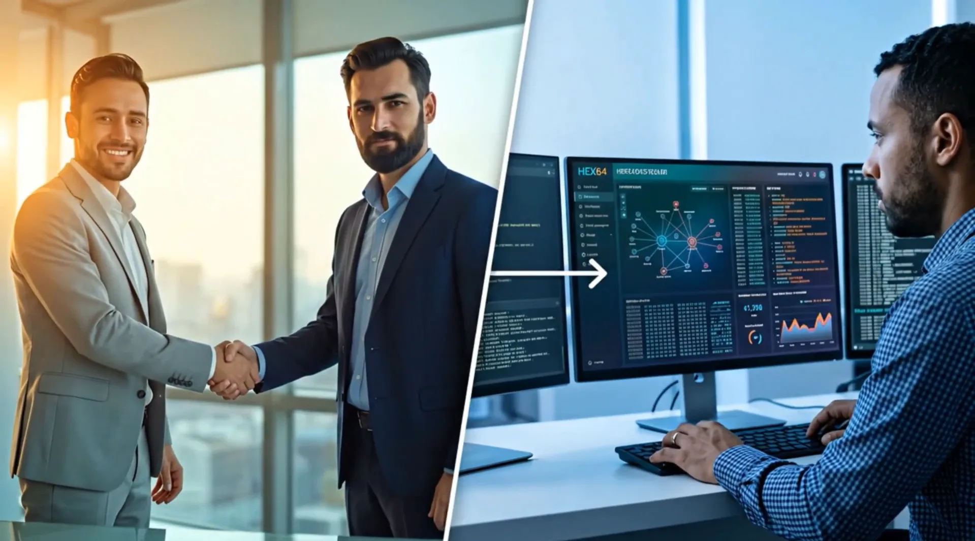 IT team shaking hands in front of monitoring screens