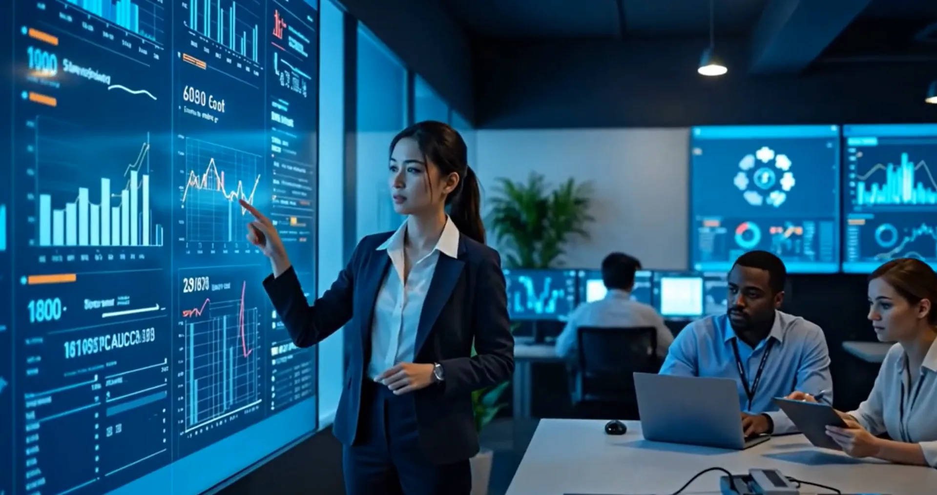 IT team reviewing service performance dashboards on a wall display