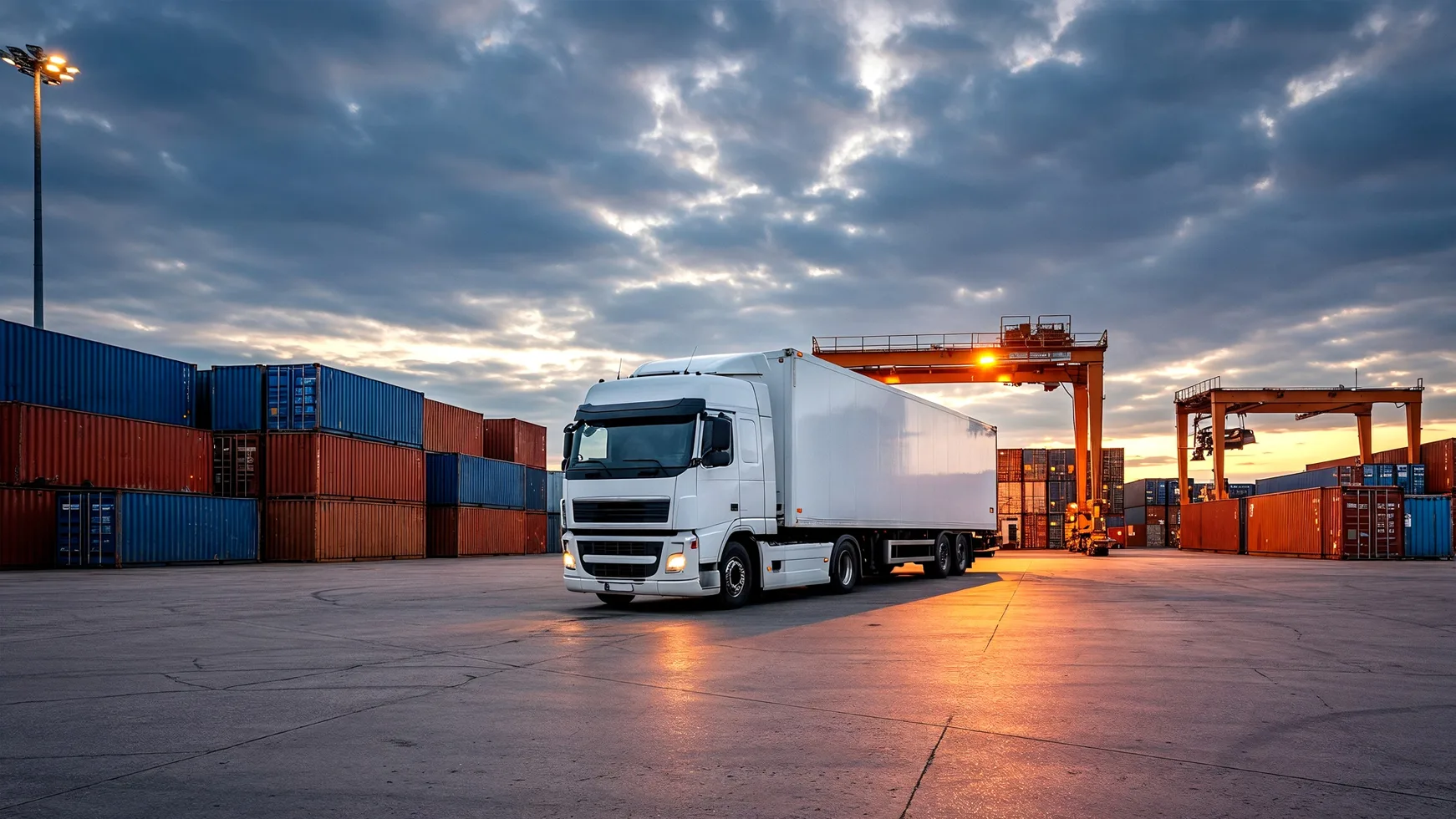 Freight truck at a container port at sunset