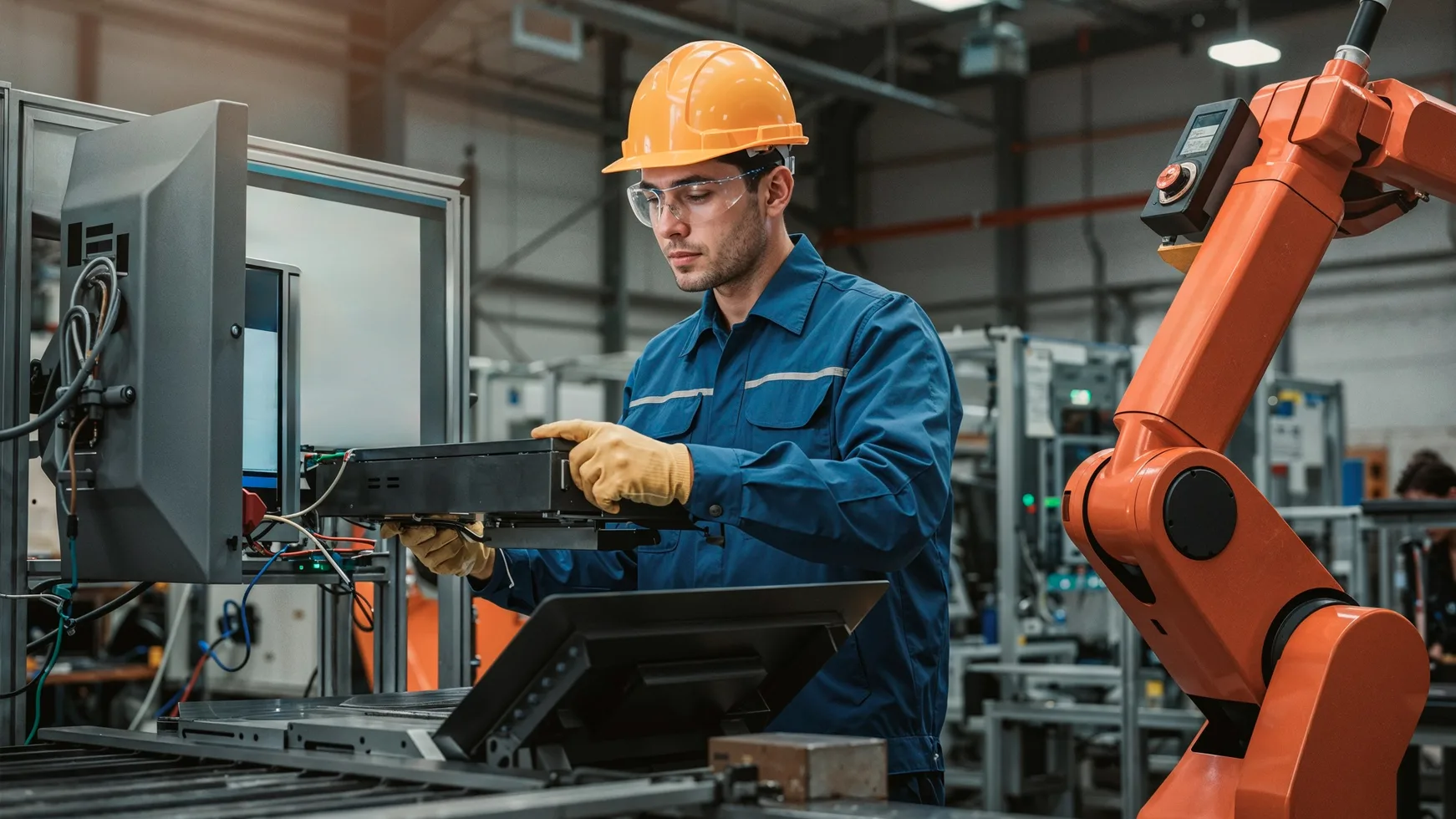 Factory technician working beside a robotic arm